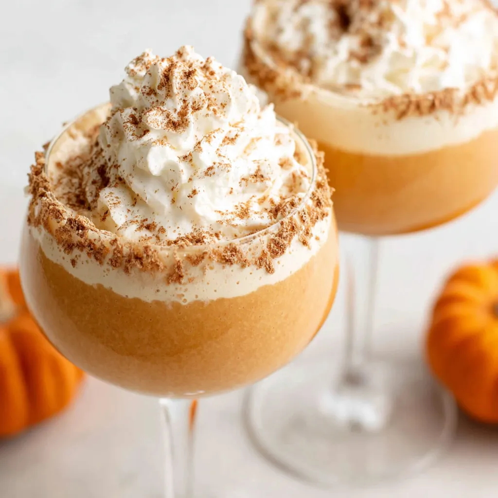 Creamy pumpkin spice espresso martini cocktail garnished with cinnamon stick and coffee beans.