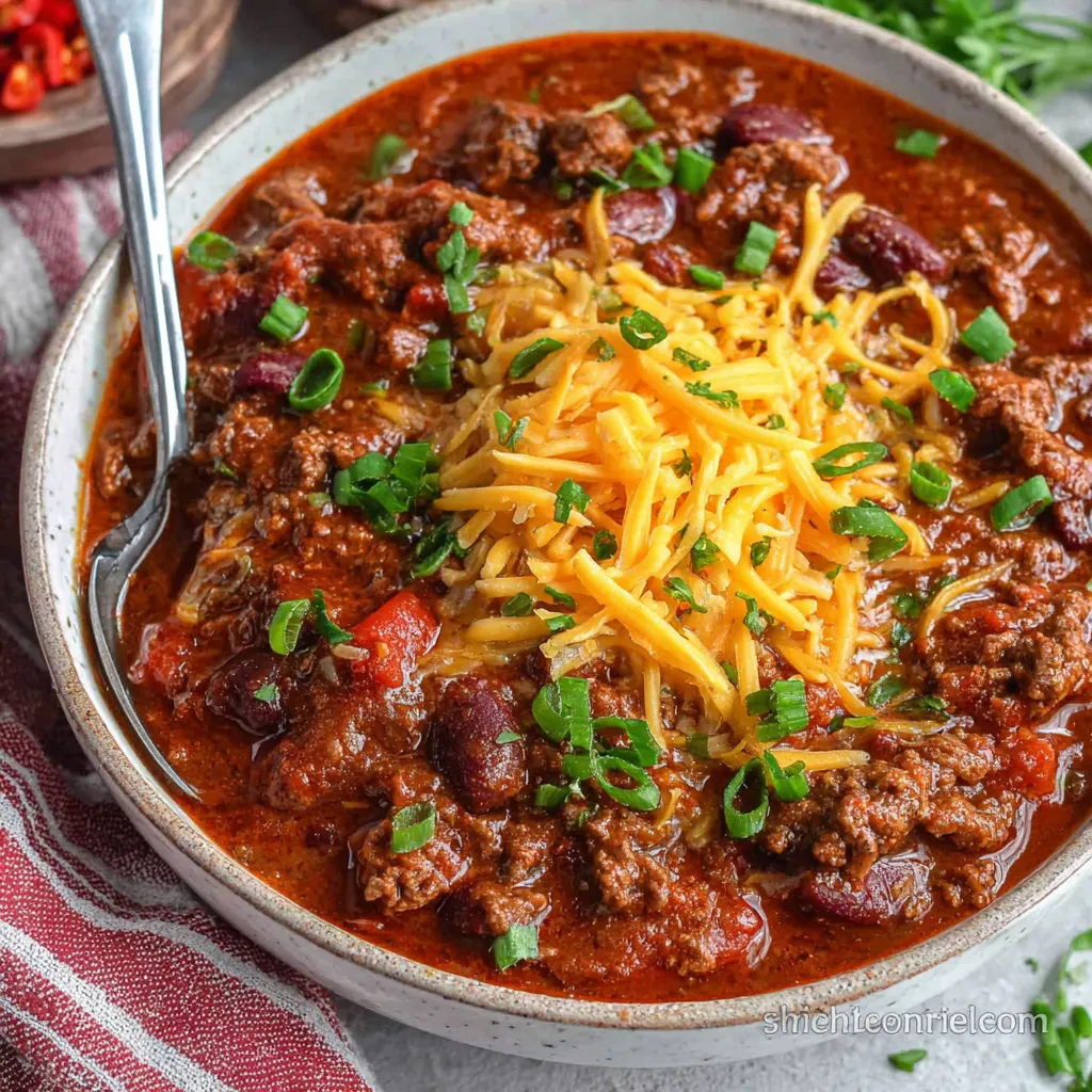 A close-up shot showcases the rich, simmering texture of the seriously good beef chili recipe, highlighting the vibrant colors of the ingredients.