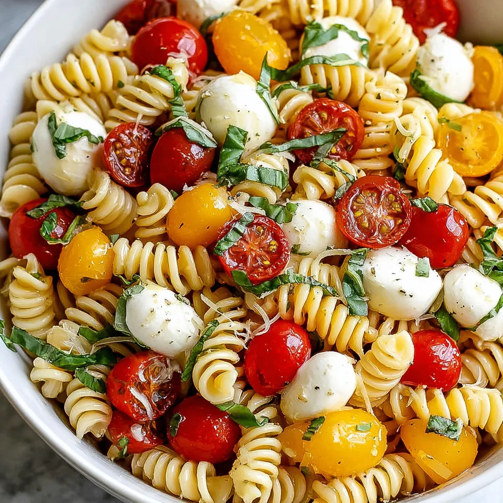 Easy Caprese pasta salad second content image showcases the simple and fresh ingredients combined in a quick and flavorful summer meal.