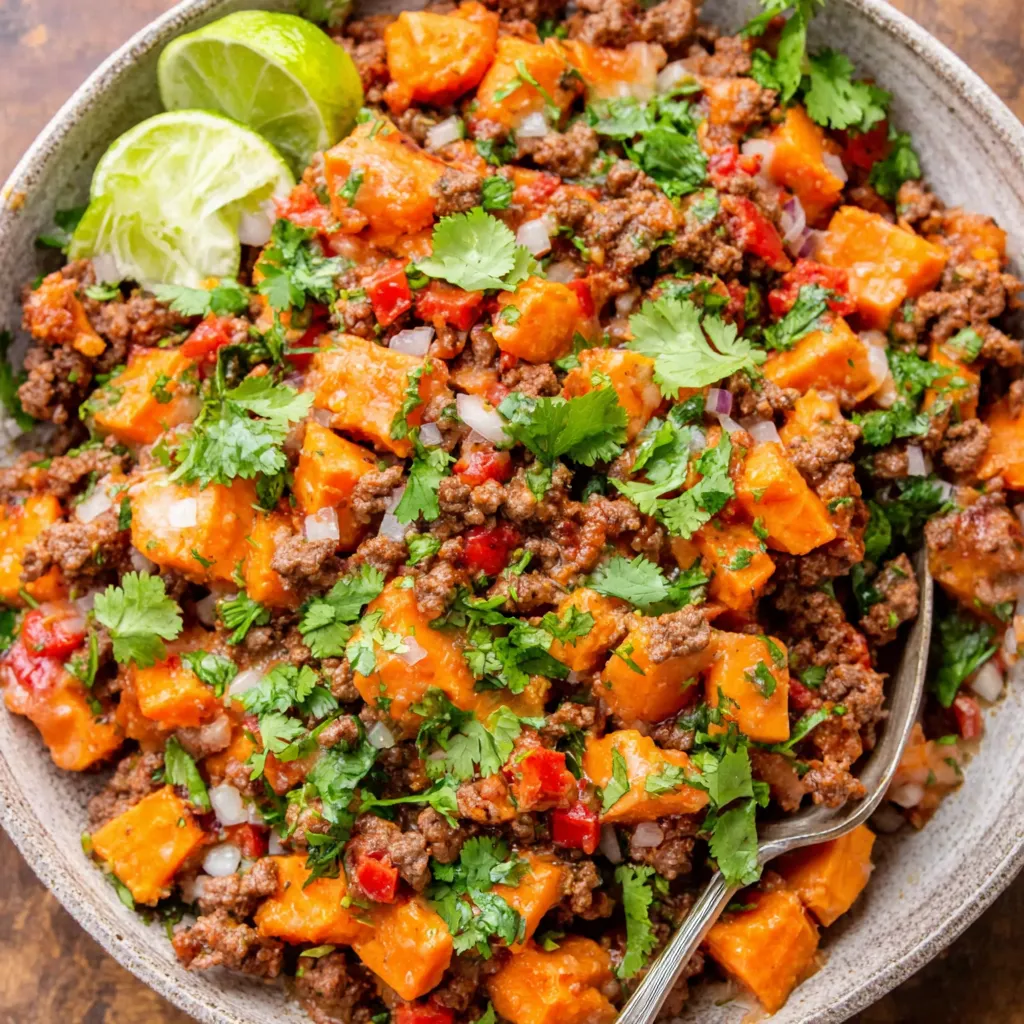 A close-up view shows the vibrant colors and textures of the Southwest Ground Beef Sweet Potato Skillet, highlighting the browned ground beef, tender sweet potatoes, black beans, corn, and Southwestern spices.