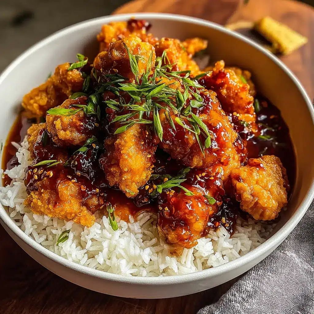 Close-up view of glistening, tender pieces of easy sweet chili chicken, showcasing its vibrant color and appealing texture.