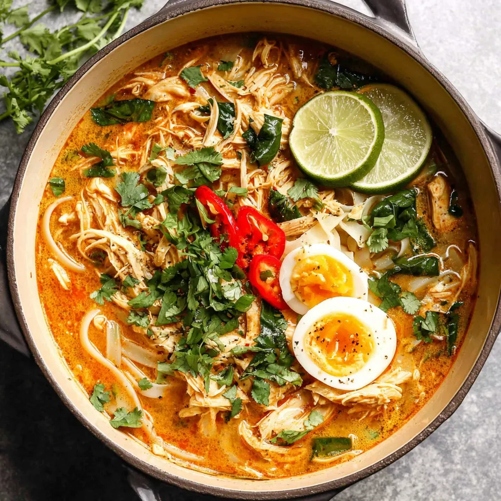 Creamy Thai chicken soup is pictured in a second image showcasing its rich texture and vibrant ingredients.