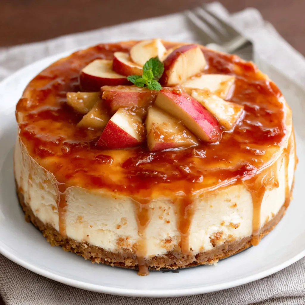 Close-up of a decadent apple cider cheesecake, showcasing its creamy texture and seasonal flavors, making it the perfect fall dessert.