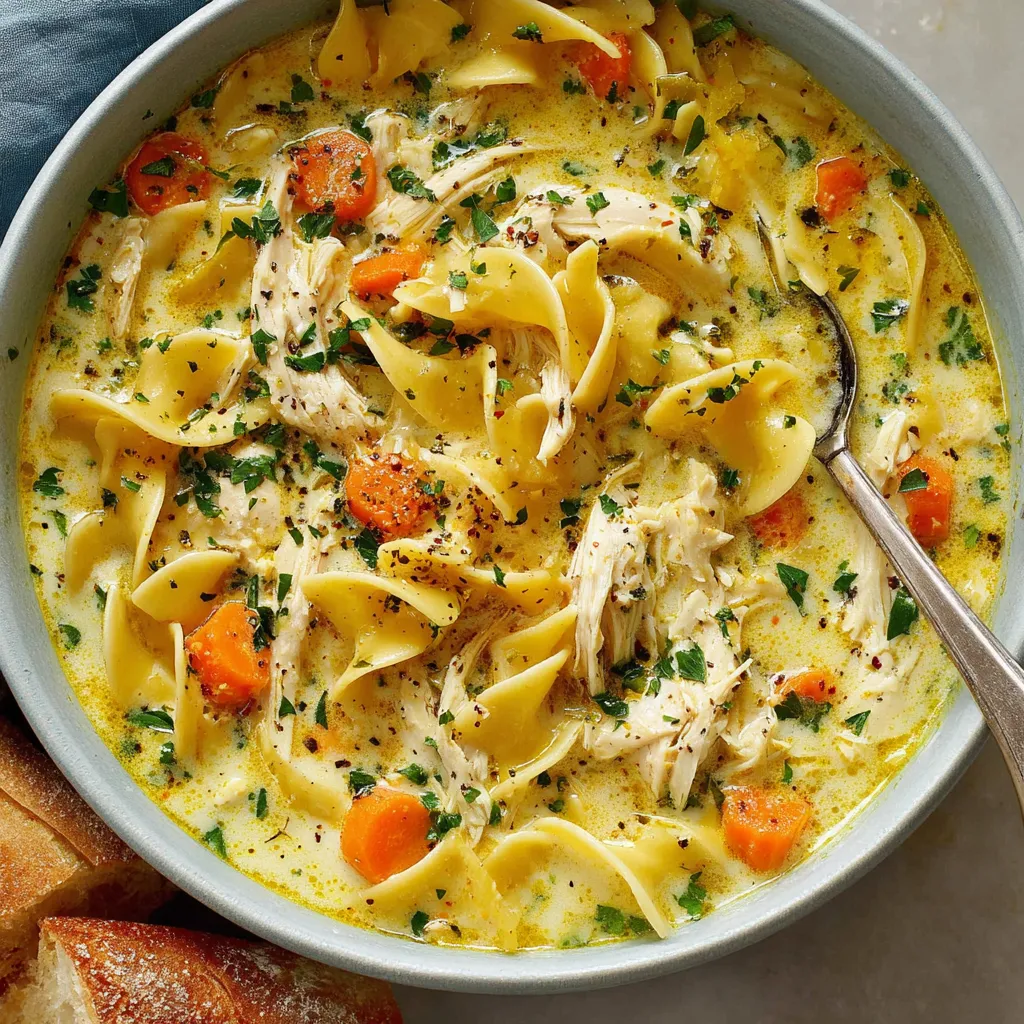 A comforting close-up of a rustic ceramic bowl filled with creamy chicken noodle soup, with a spoon revealing the thick broth, shredded chicken, carrots, and wide egg noodles.