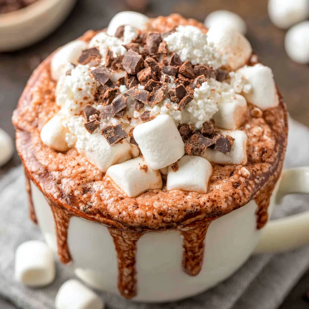 Steaming hot chocolate with whipped cream, marshmallows, and a sprinkle of cinnamon in a cozy crockpot.