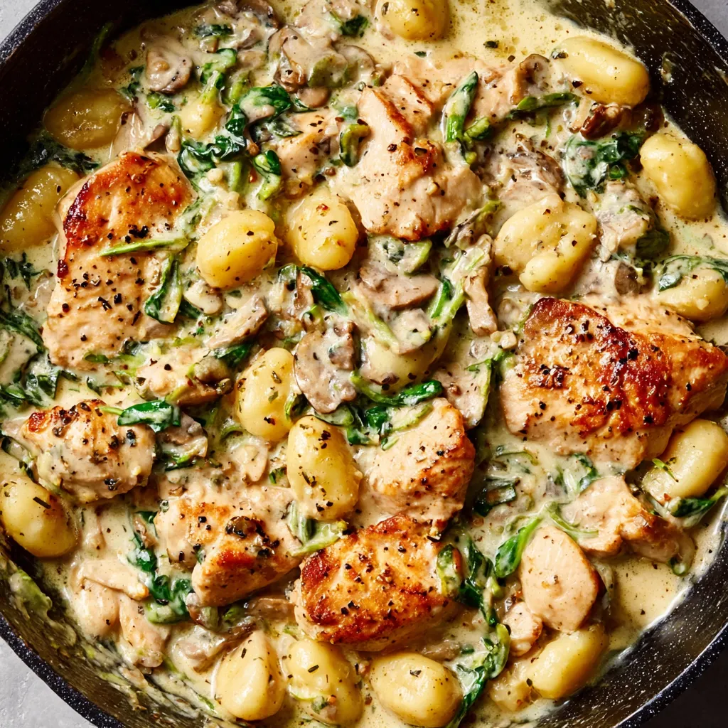 A steaming plate of golden-brown gnocchi tossed with tender chicken pieces and roasted garlic, showcasing the rich, comforting flavors of this creamy Italian-inspired pasta dish against a rustic wooden background.