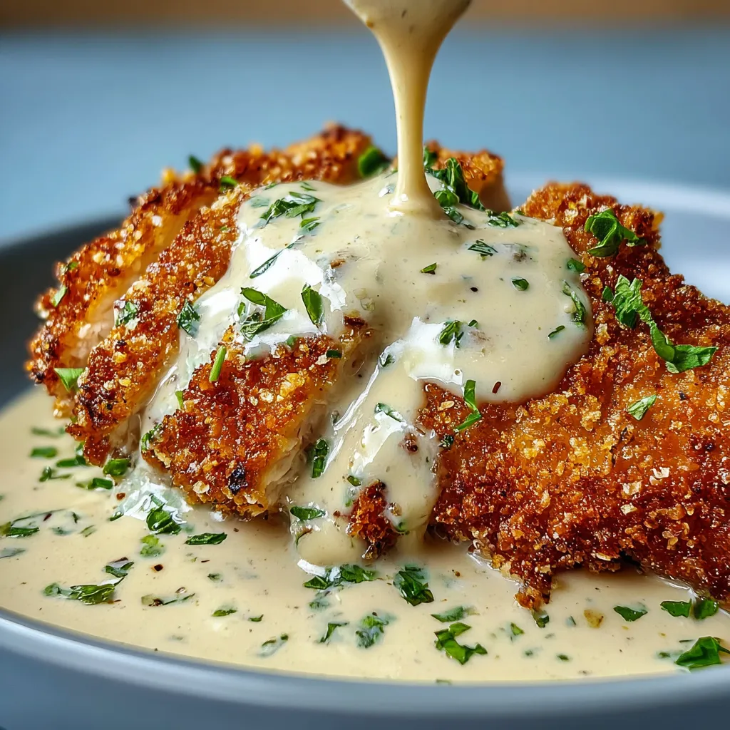 A golden-brown breaded chicken breast topped with melted parmesan cheese and drizzled with a creamy, aromatic garlic sauce, served on a white ceramic plate with fresh herbs garnishing the dish.