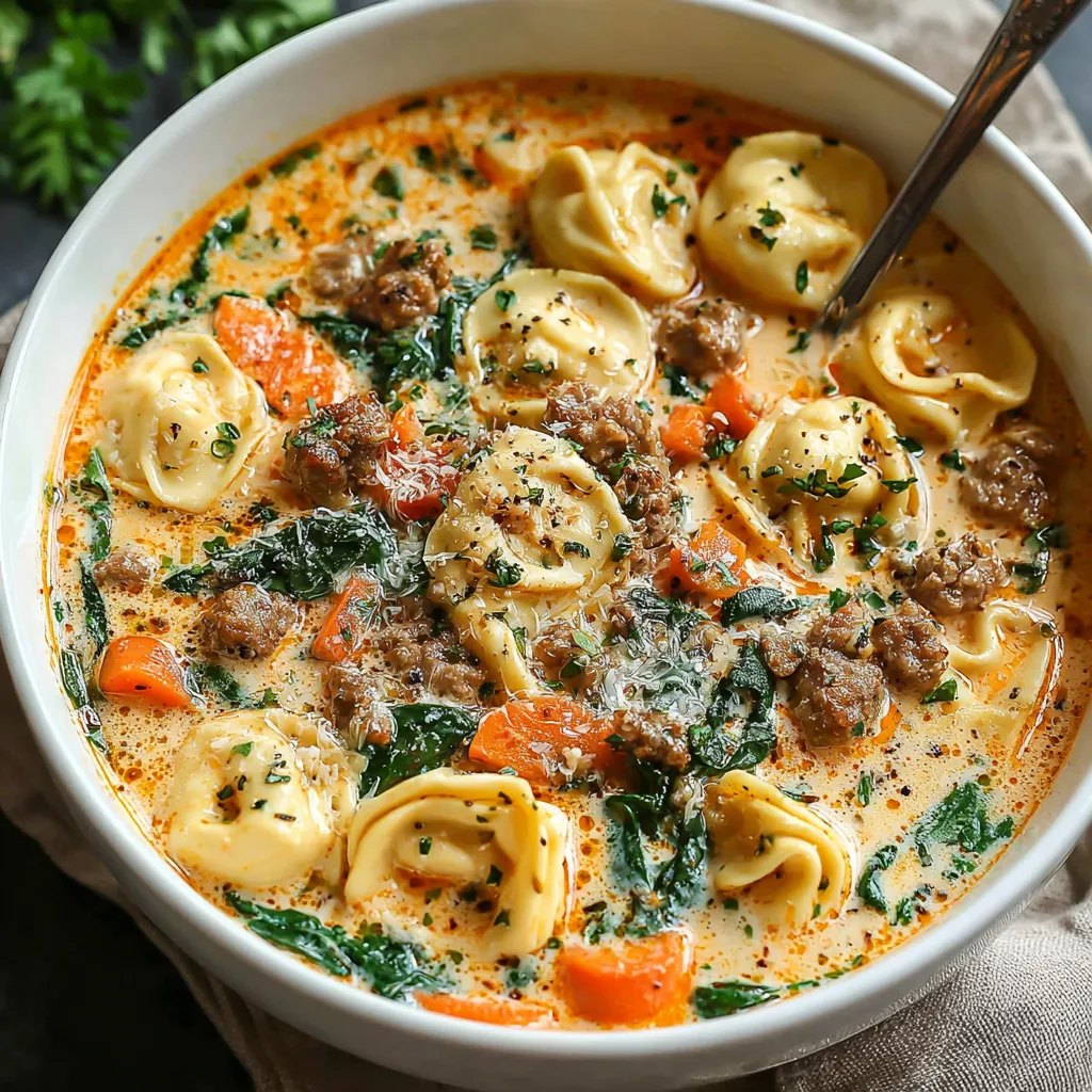 Creamy sausage tortellini soup in a white bowl showcases this easy dinner recipe.