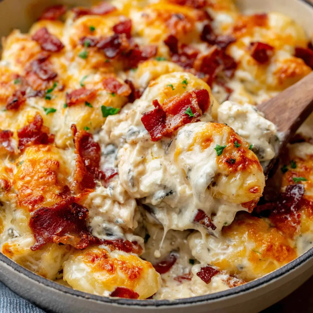 Creamy crack chicken gnocchi is pictured in a skillet, showcasing the cheesy, bacon-filled dish that's perfect for a comforting weeknight meal.