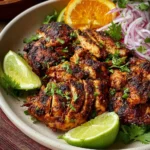 A sizzling plate of golden-brown grilled chicken with charred edges, garnished with fresh cilantro and lime wedges, showcasing the perfect homemade Pollo Asado recipe inspired by Chipotle's signature marinade and cooking technique.