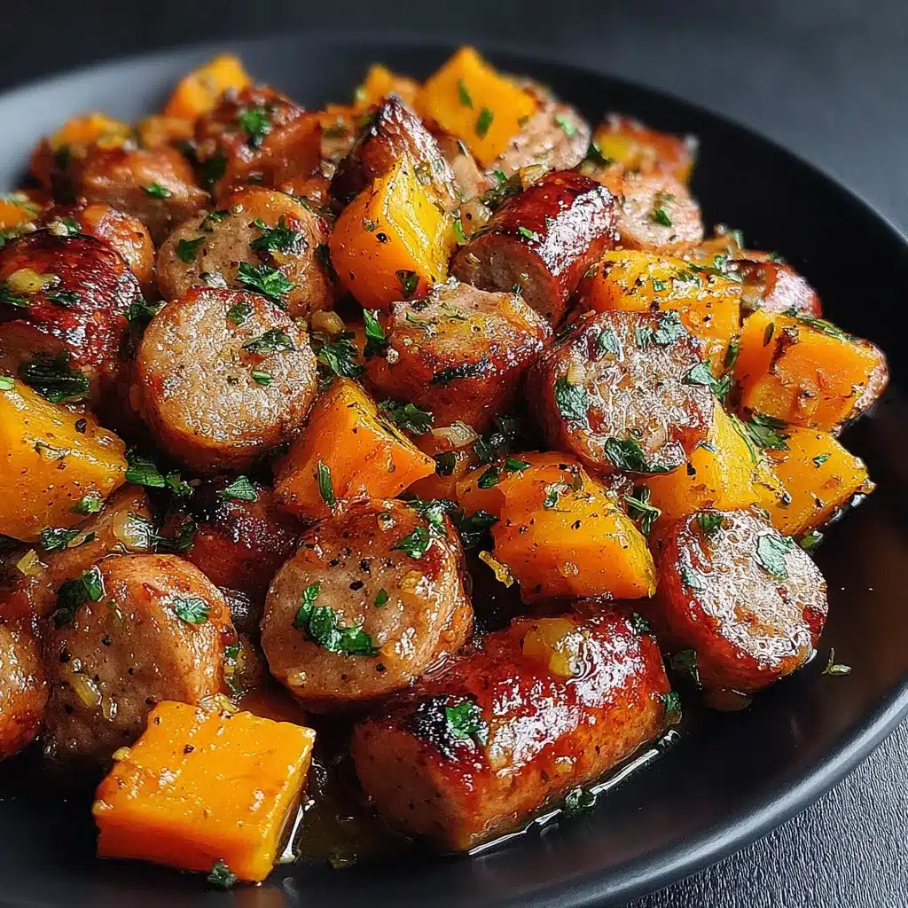 Sheet pan sausage and sweet potatoes with honey garlic sauce are cooked together on a baking sheet, creating a delicious and easy weeknight meal.