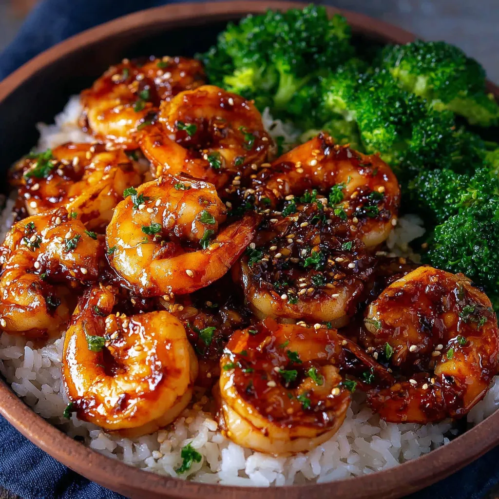 Honey garlic shrimp bowls feature a quick and tasty meal with succulent shrimp glazed in a sweet and savory honey garlic sauce served over rice.