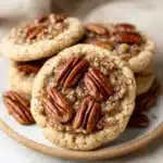 Close-up showcases delicious pecan pie cookies, perfect mini holiday bites, featuring a flaky crust and rich pecan filling.