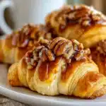 Easy pecan pie crescent rolls feature flaky crescent dough filled with a gooey pecan pie filling, perfect for a simple and delicious dessert.