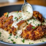 A golden-brown parmesan-crusted chicken breast nestled on a white plate, drizzled with a creamy garlic sauce and garnished with fresh parsley, showcasing the rich, appetizing details of this classic Italian-inspired comfort food dish.