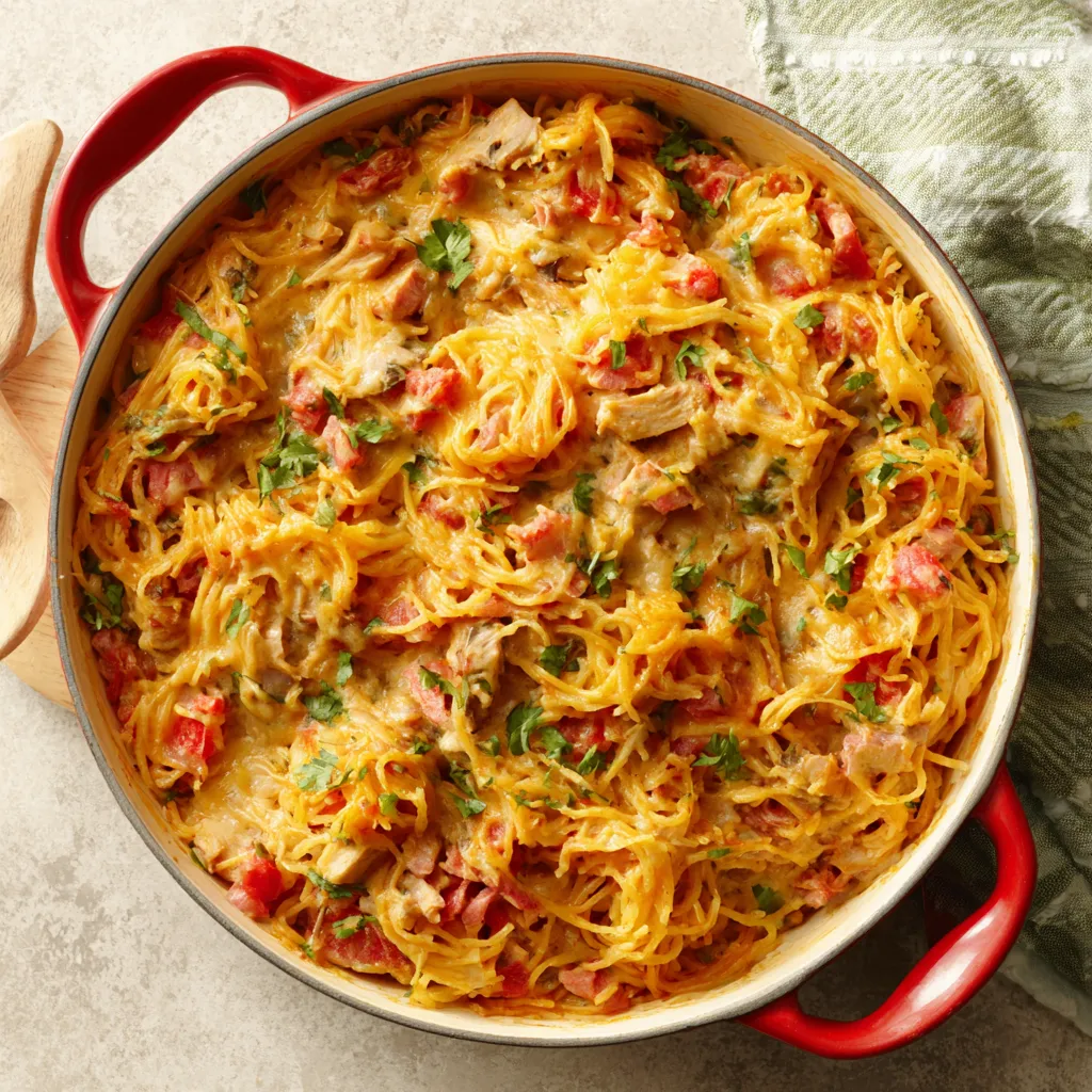 Southern Chicken Spaghetti Casserole Recipe A close-up shot shows a bubbly, cheesy Southern Chicken Spaghetti Casserole, ready to be served.