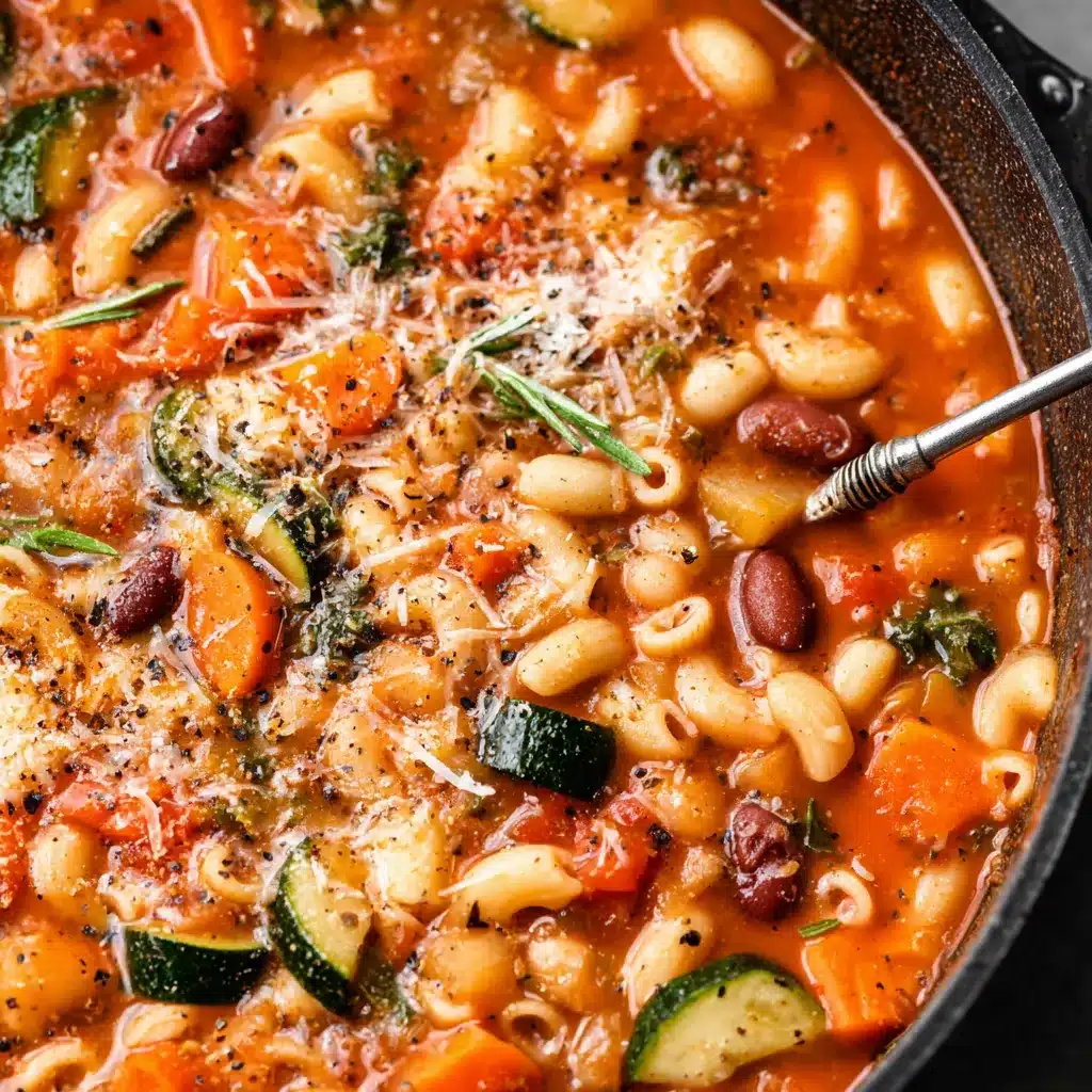 Hearty Homemade Minestrone Soup Recipe A close-up showcasing the vibrant vegetables and rich broth of homemade minestrone soup, highlighting its hearty and flavorful ingredients.