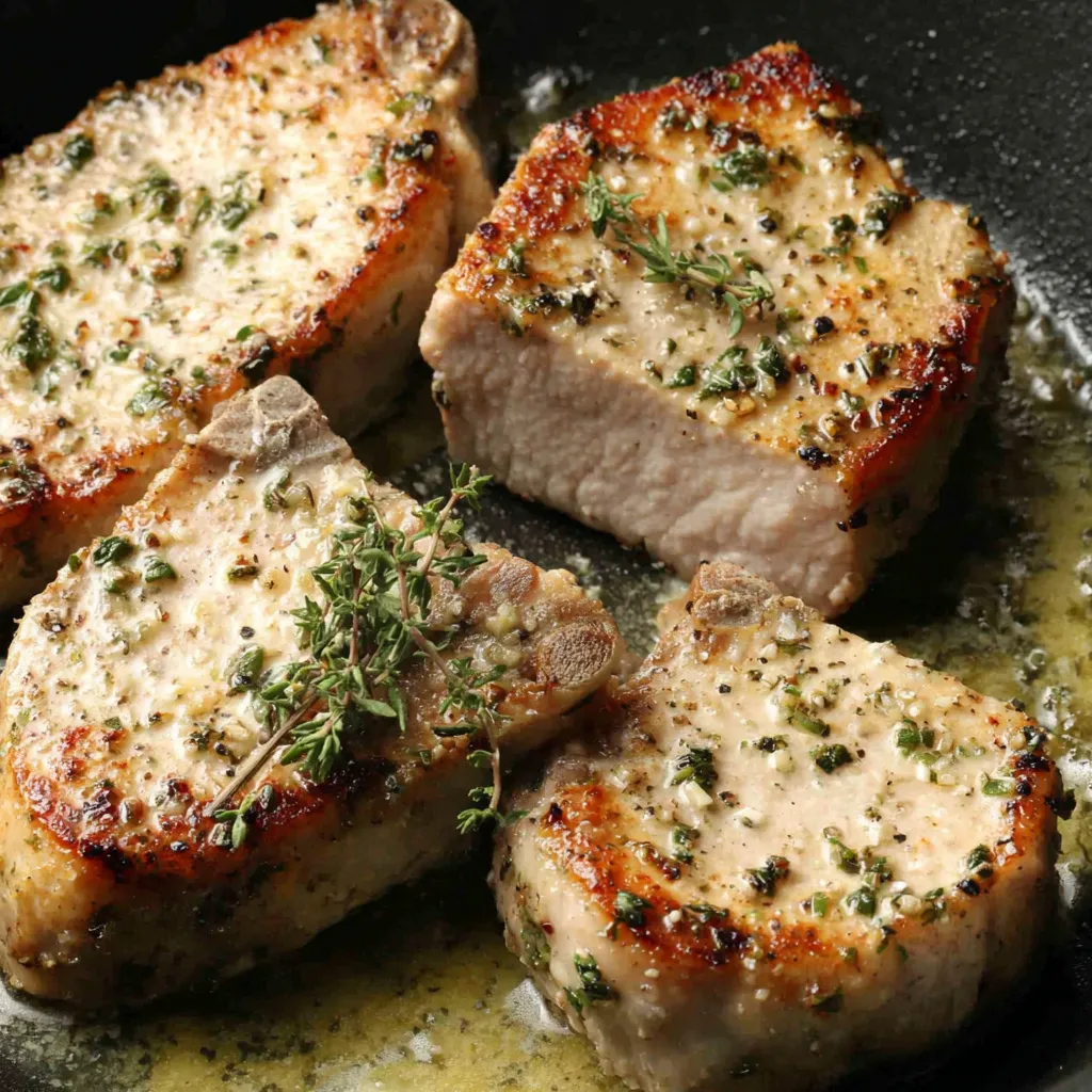 Garlic Butter Pork Chops Recipe Pan Seared Close-up of juicy garlic butter pan-seared pork chops showcasing their golden-brown sear and glistening sauce.