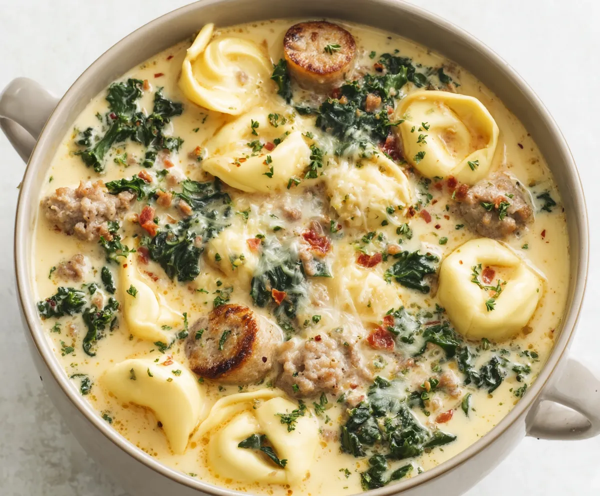 Autumn Tortellini Soup With Sausage is shown in a close-up featured image, highlighting the vibrant colors and textures of the dish.