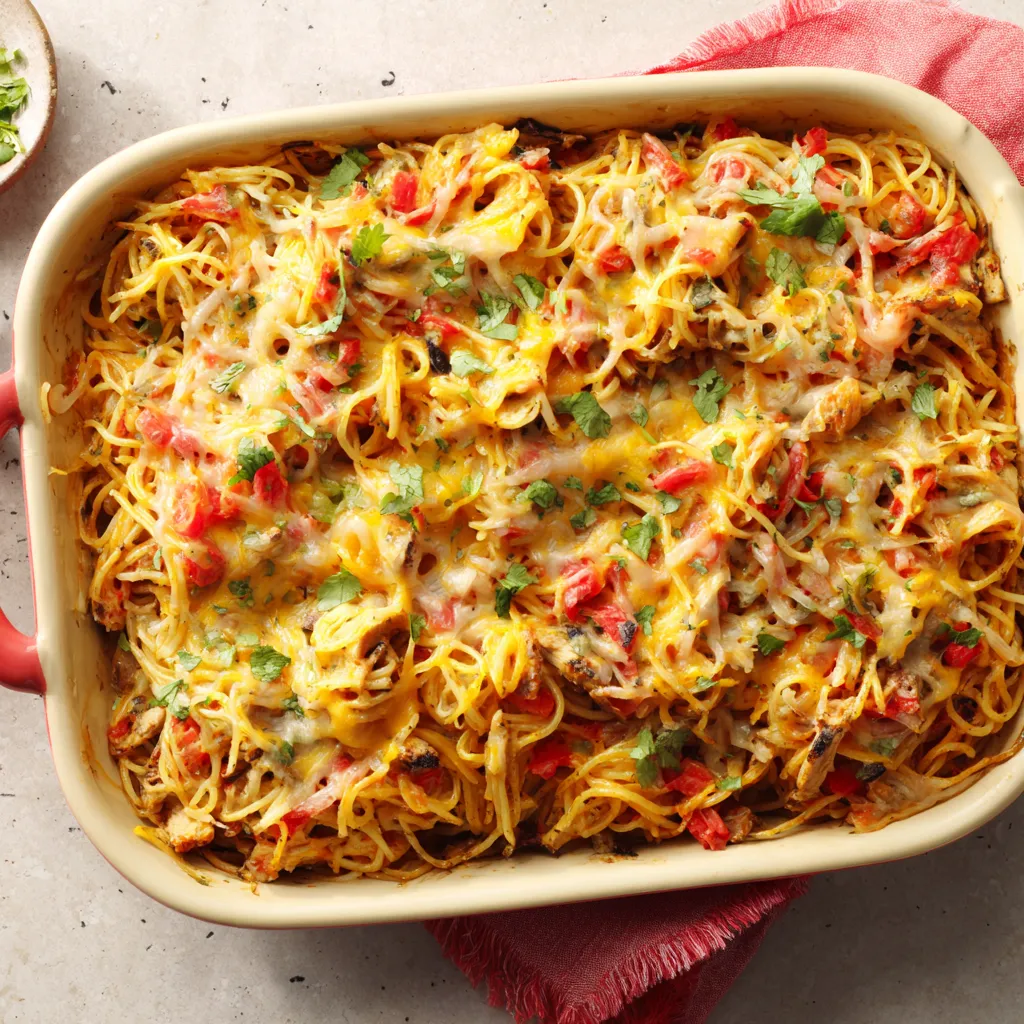 Southern chicken spaghetti casserole featured image showcasing a creamy, cheesy pasta bake with tender chicken and a golden-brown topping.