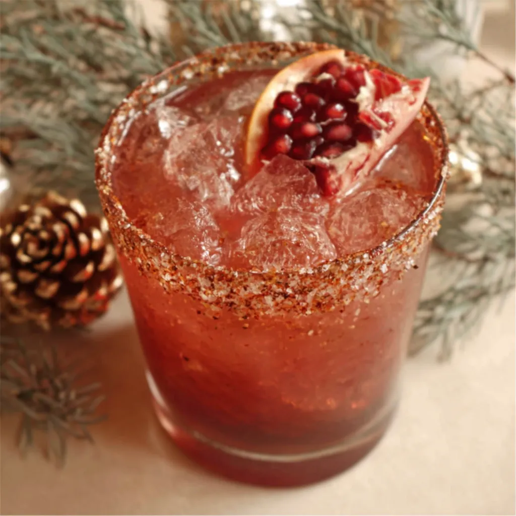Festive Christmas Margarita in a salt-rimmed glass garnished with cranberries and rosemary, perfect for holiday cocktail celebrations.
