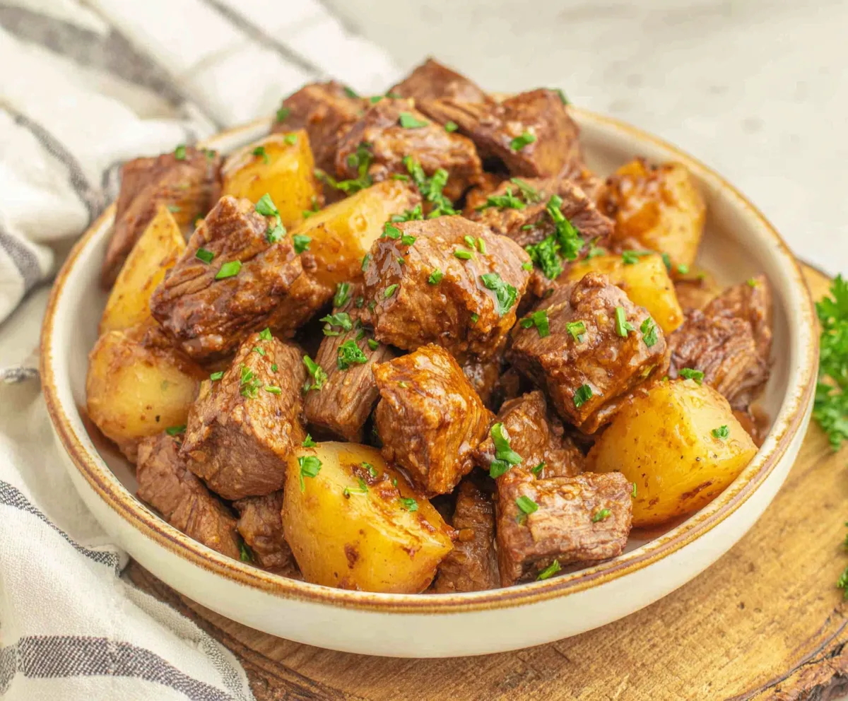 Slow Cooker Garlic Butter Beef Bites With Potatoes, a delicious and easy slow-cooked meal, are pictured as the featured image.