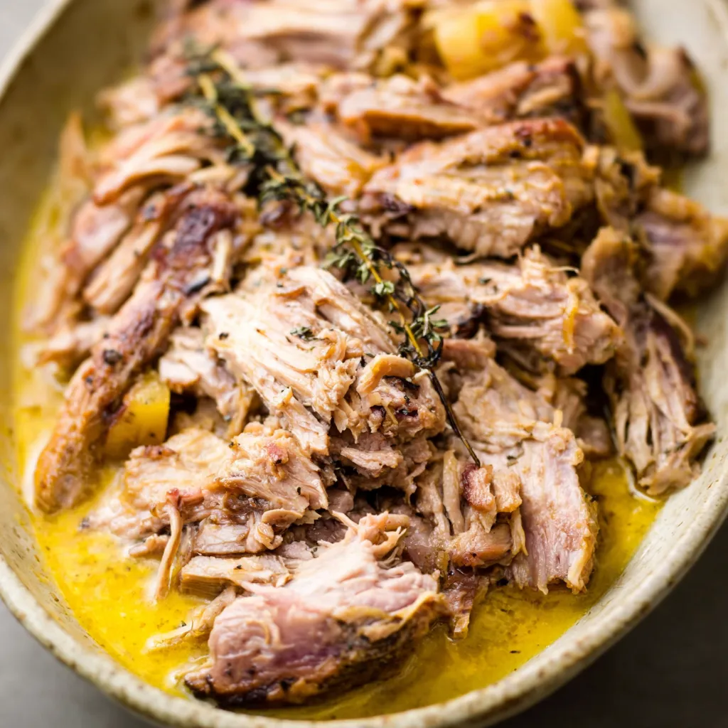 Apple Cider Braised Pork Recipe Close-up of the savory Apple Cider Braised Pork Shoulder, showcasing its tender texture and rich, caramelized braising liquid.