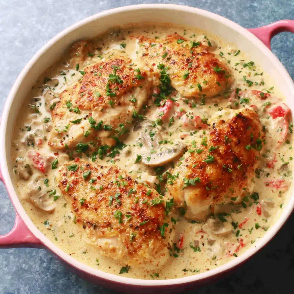 Creamy Chicken Basil Sauce Recipe Close-up of creamy Chicken Basil Cream Sauce served over pasta in a white bowl.