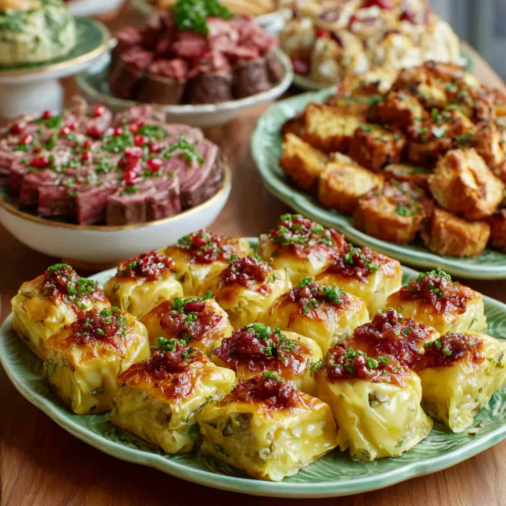 Festive Christmas Buffet Spread A beautifully arranged Christmas Buffet spread features festive holiday dishes.