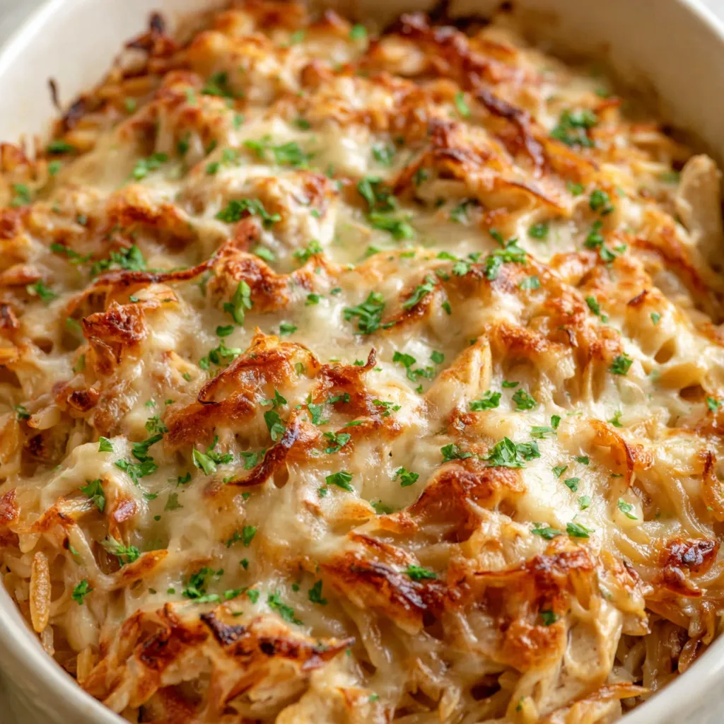 French Onion Chicken Orzo Bake Close-up of a creamy and golden-brown French Onion Chicken Orzo Casserole, showcasing its bubbly top and delicious layers.