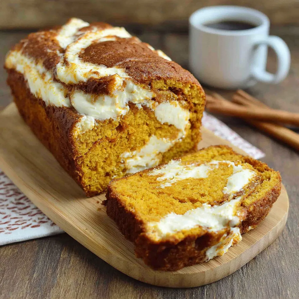 Pumpkin Cream Cheese Swirl Bread Recipe Close-up of a freshly baked Pumpkin Cream Cheese Swirl Bread showing the swirl pattern and golden-brown crust.