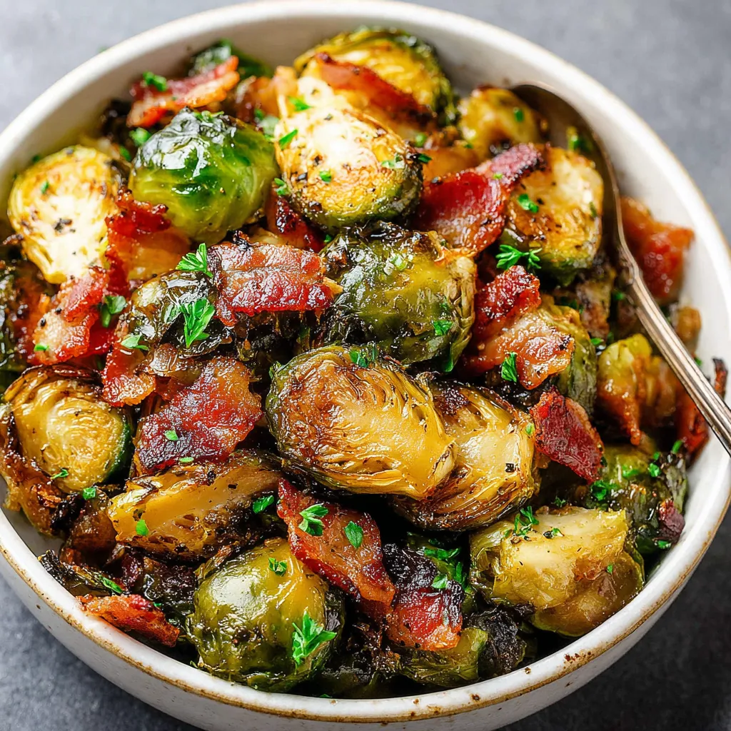 Crispy Bacon Brussels Sprouts Recipe Close-up view of crispy Bacon Brussels Sprouts, showcasing their caramelized texture and savory flavor.