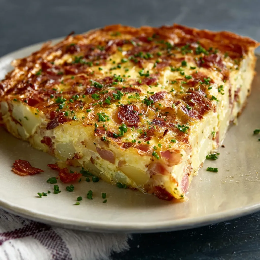 Bacon Potato Frittata Recipe Close Up Close-up of a delicious Bacon Potato Frittata, showcasing its golden-brown crust and savory filling.