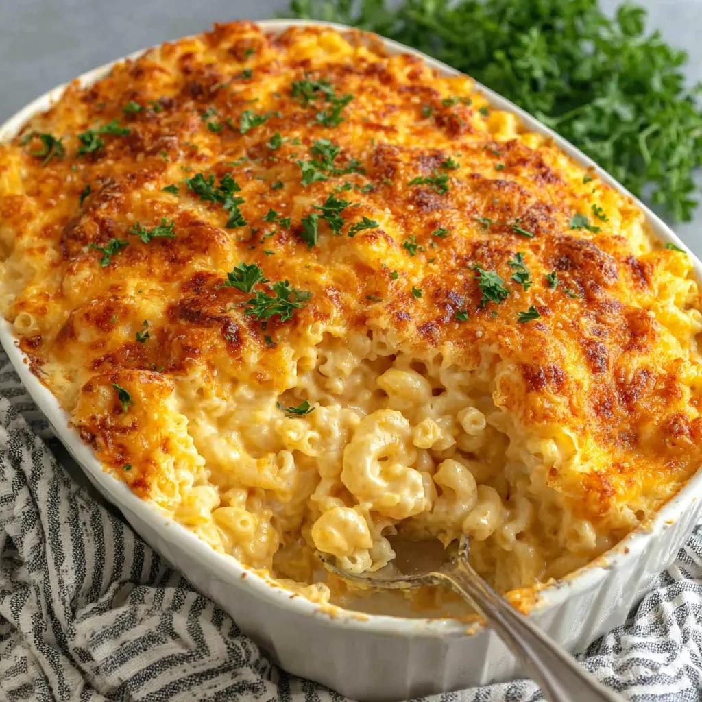 Creamy Baked Mac and Cheese Recipe Close-up of golden brown, bubbly Baked Mac and Cheese, ready to be served.
