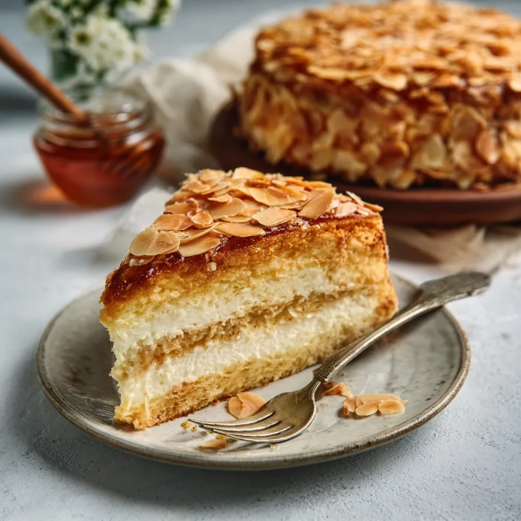 Bienenstich Cake Close-Up Close-up view of a delicious Bee Sting Cake Bienenstich, showcasing its creamy filling and almond topping.