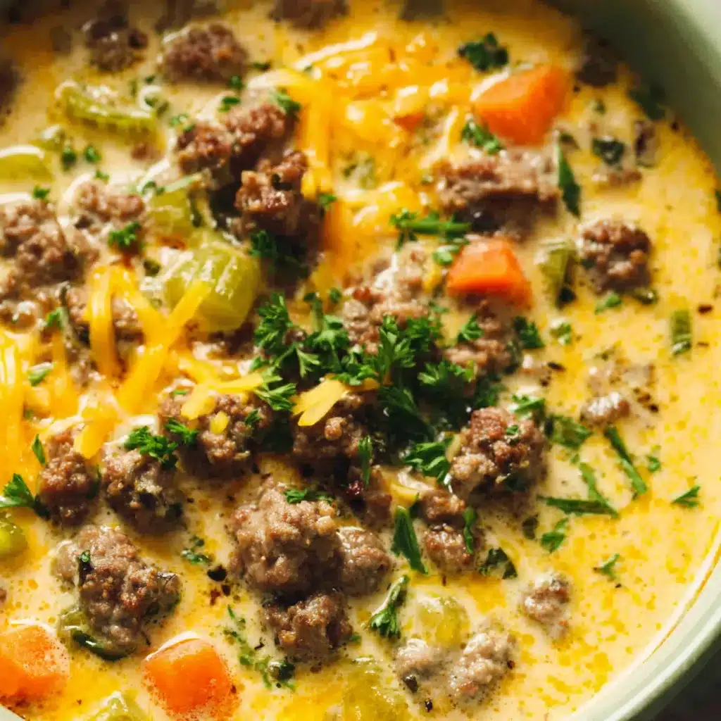 Cheeseburger Soup Bowl Recipe A close-up shot of delicious Cheeseburger Soup served in a bowl, showcasing its creamy texture and toppings.