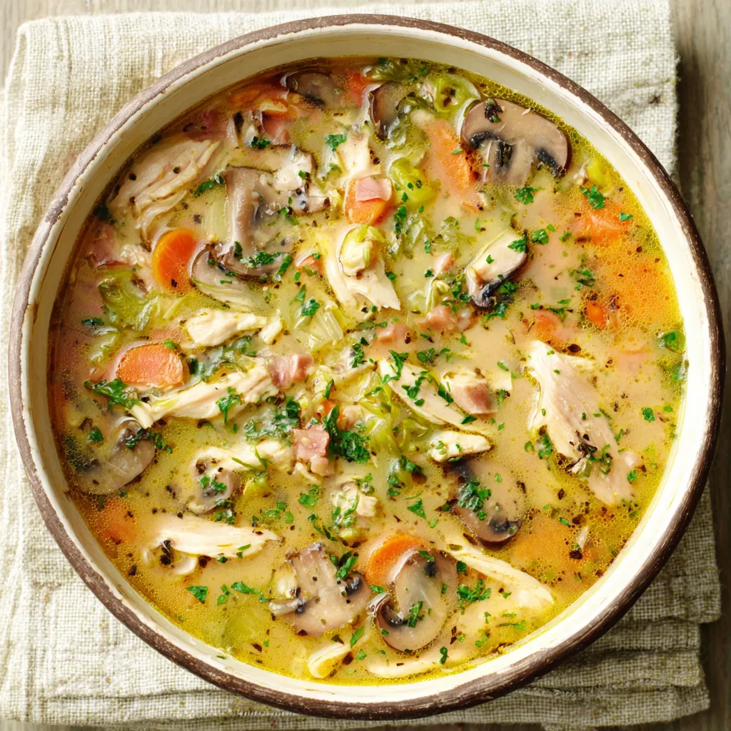 Creamy Chicken Mushroom Soup A close-up view showcases a steaming bowl of homemade Chicken Mushroom Soup, highlighting the creamy broth and tender chicken pieces.