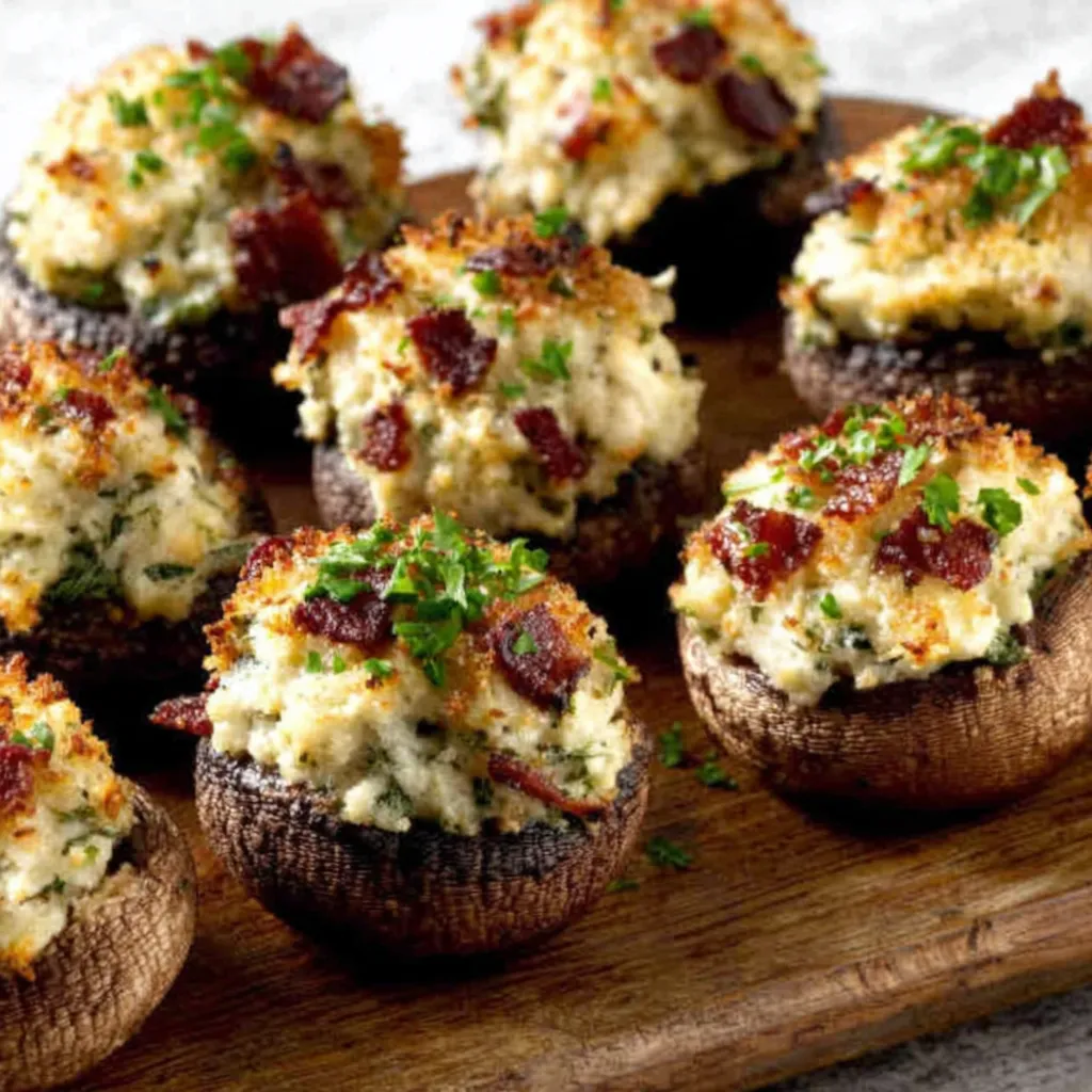 Christmas Stuffed Mushrooms Recipe Close-up showing delicious, baked Christmas Stuffed Mushrooms ready to be served as an appetizer.