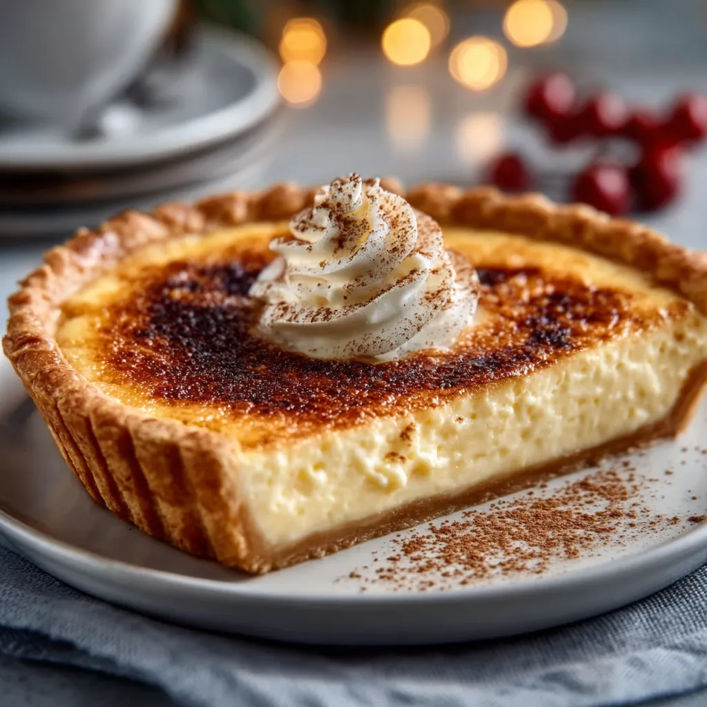 Cinnamon Vanilla Custard Pie Slice A close-up shows a slice of creamy Cinnamon Vanilla Custard Pie ready to be served.