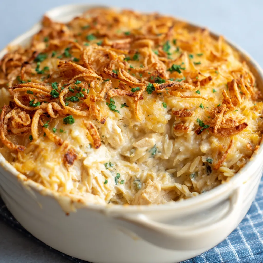 French Onion Chicken Orzo Casserole Close-up of a creamy French Onion Chicken Orzo Casserole, showcasing the golden-brown melted cheese and savory chicken pieces.