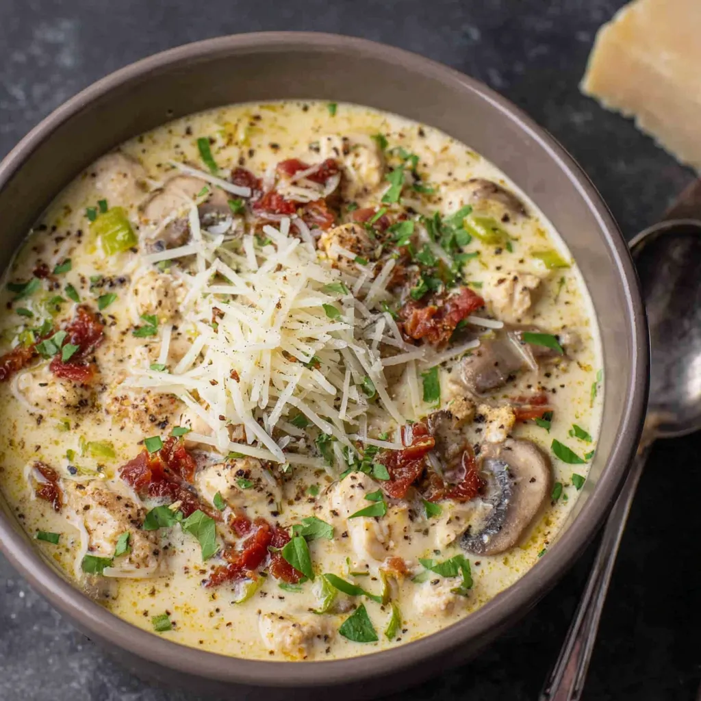 Italian Ground Chicken Soup Recipe Close-up view of flavorful Italian Ground Chicken Soup in a bowl, ready to eat.
