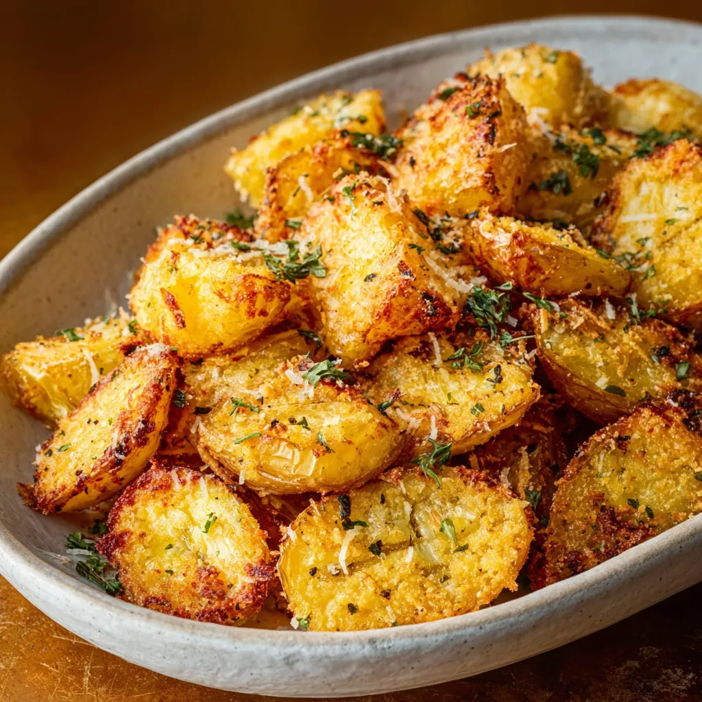 Parmesan Roasted Potatoes Recipe Crispy Parmesan Roasted Potatoes are shown in a close-up shot, highlighting their golden-brown color and cheesy topping.