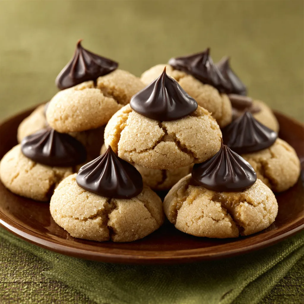 Peanut Butter Blossoms Recipe Close-Up Close-up view of freshly baked Peanut Butter Blossoms, showcasing their signature chocolate kiss centers.