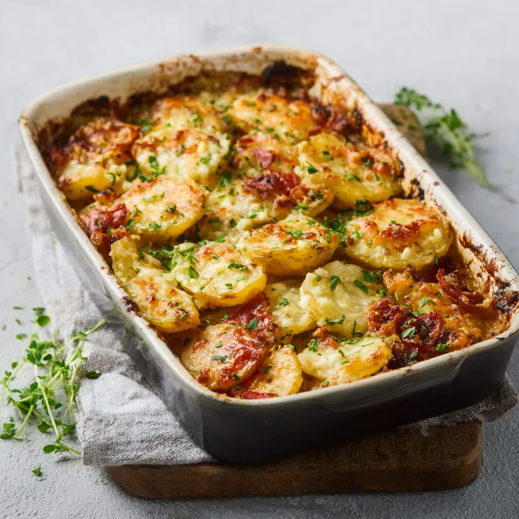 Creamy Potato Bake Recipe Close-up showing the creamy texture and golden-brown topping of a delicious Potato Bake.