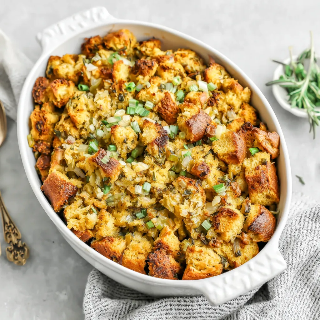 Easy Thanksgiving Stuffing Recipe A close-up view shows a freshly baked pan of delicious Thanksgiving Stuffing, ready to be served.