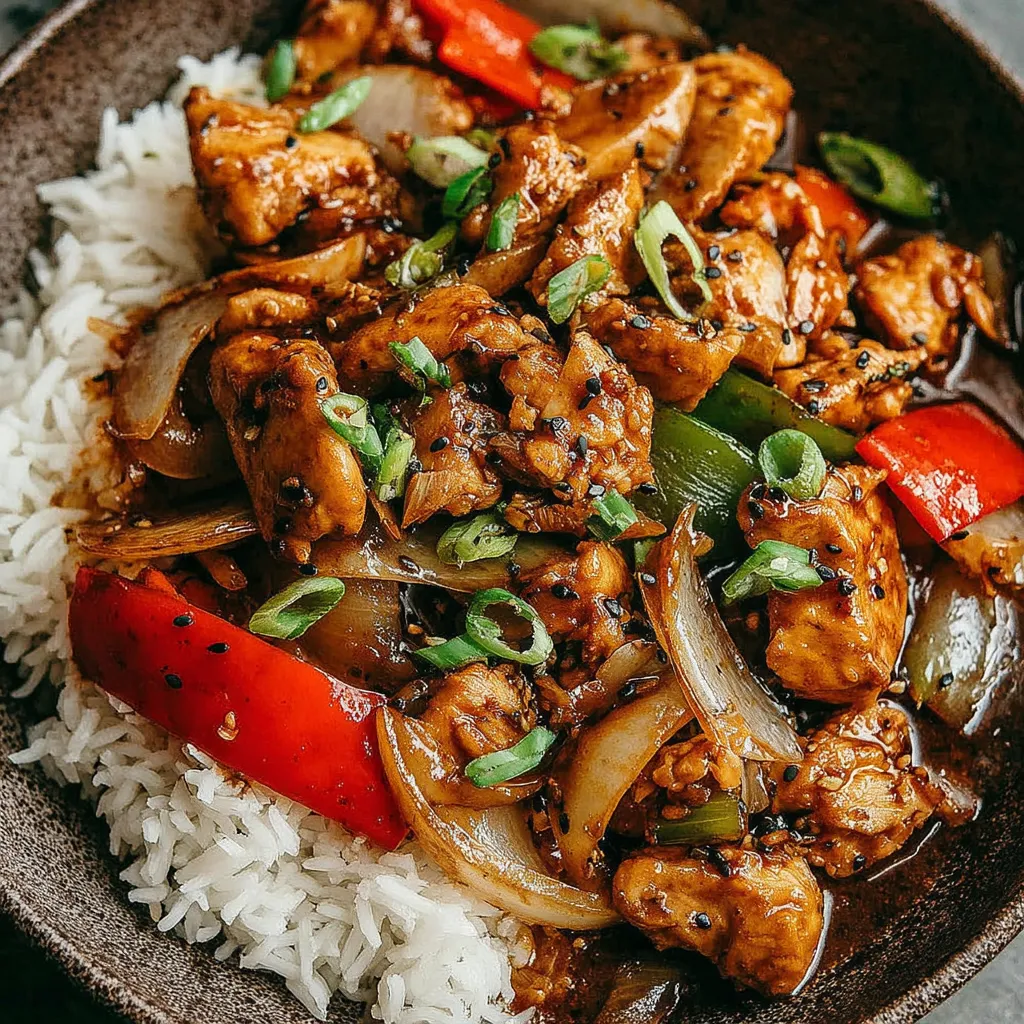 Black Pepper Chicken Close-Up Close-up view of freshly prepared Black Pepper Chicken, showcasing its glossy sauce and tender chicken pieces.