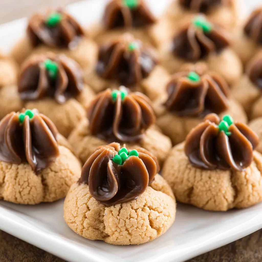 Brown Butter Peanut Butter Blossoms Close-up shot showcases delicious, freshly baked Brown Butter Peanut Butter Blossoms cookies with a classic Hershey's Kiss pressed into the center.