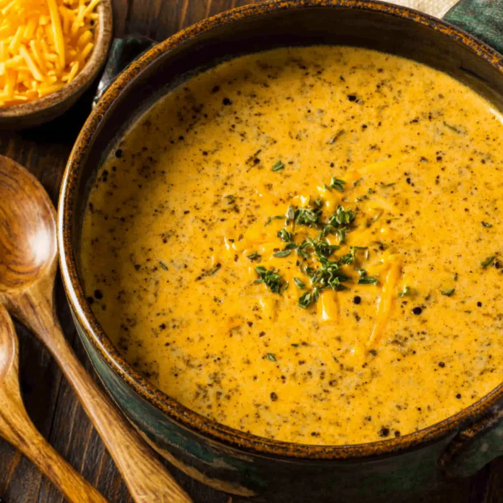 Creamy Cheddar Garlic Herb Potato Soup Close-up of creamy Cheddar Garlic Herb Potato Soup in a bowl, ready to be enjoyed.