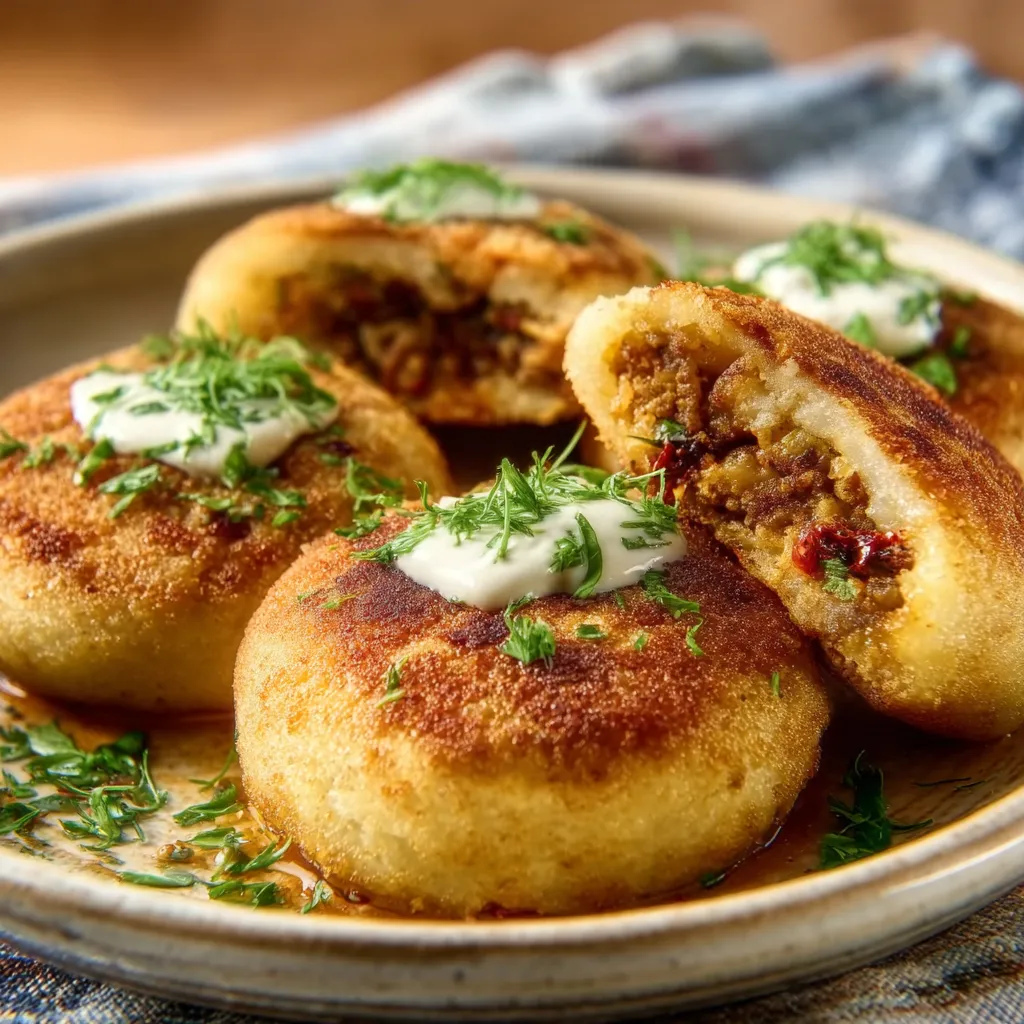 Savory Cheesy Potato Cakes Recipe Close-up showcases the delicious, golden-brown exterior of Cheesy Savory Stuffed Potato Cakes, revealing their cheesy, savory filling.