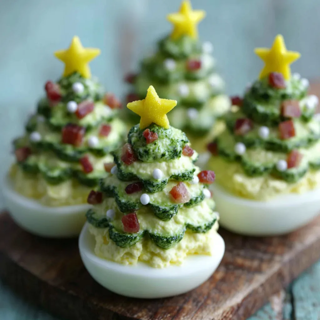 Christmas Tree Deviled Eggs Recipe Close-up view of festive Christmas Tree Deviled Eggs, a delicious holiday appetizer.